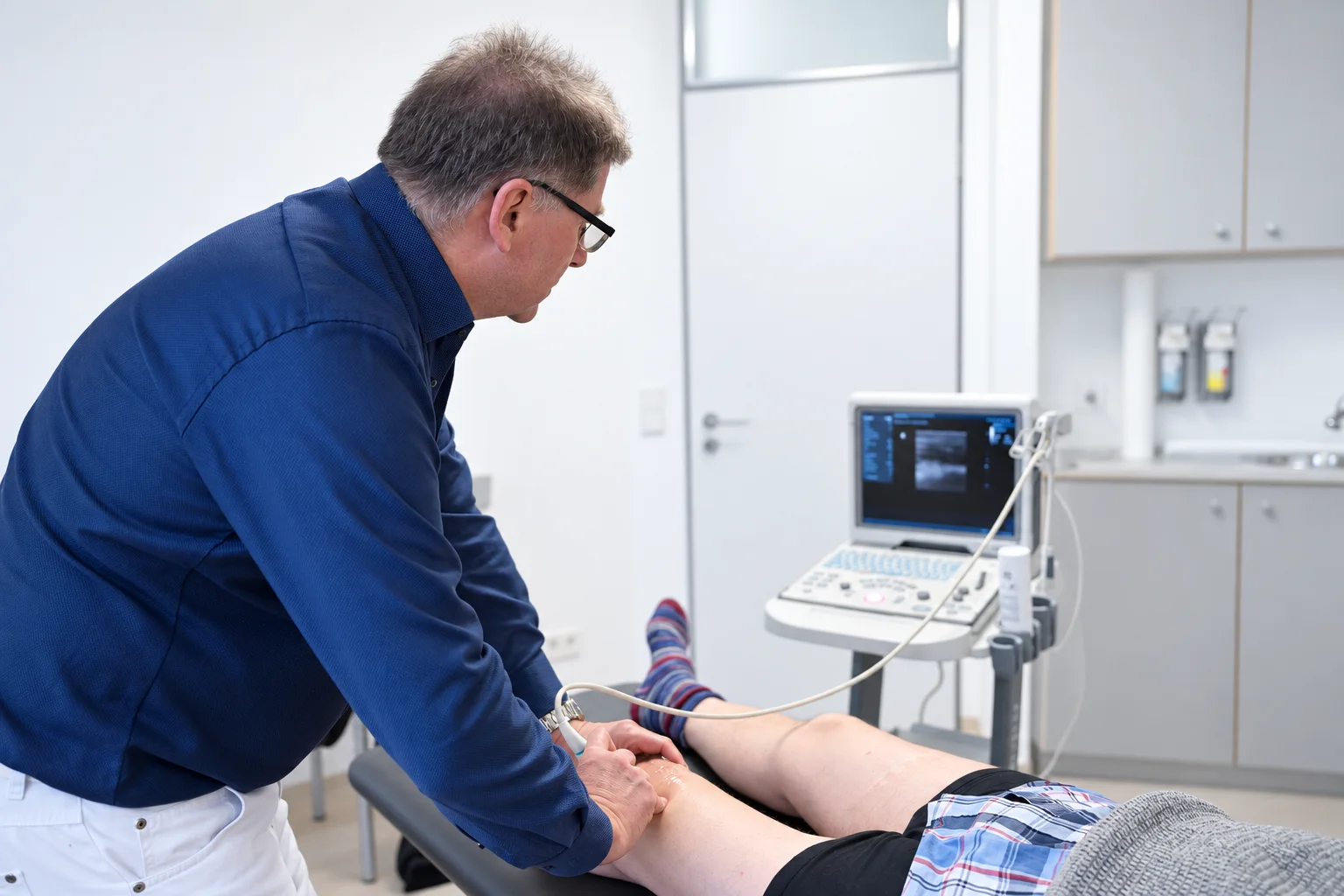 Dr. Meyer untersucht ein Knie mit Ultraschall
