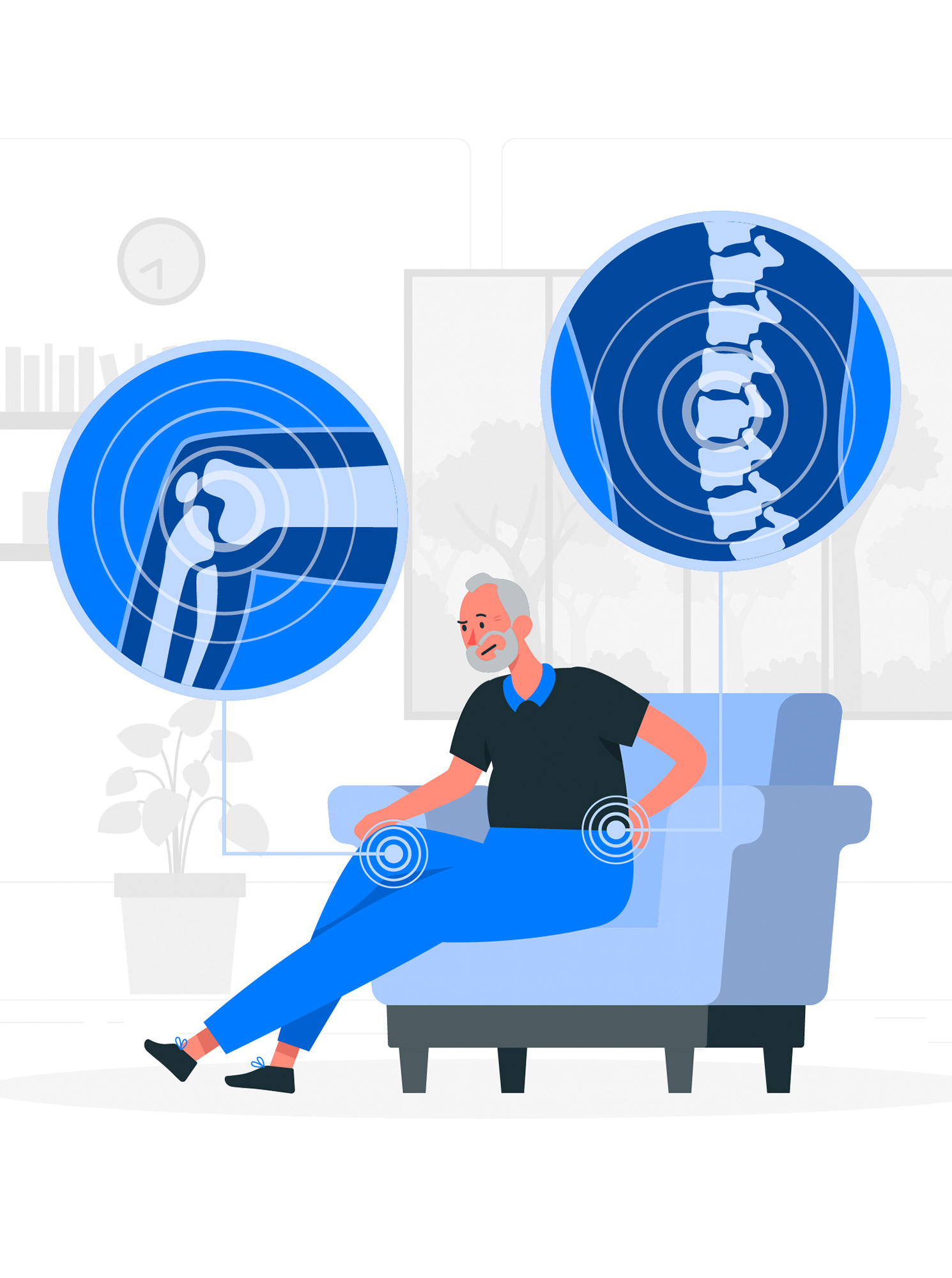 Illustration einer Person, die am Schreibtisch sitzt.